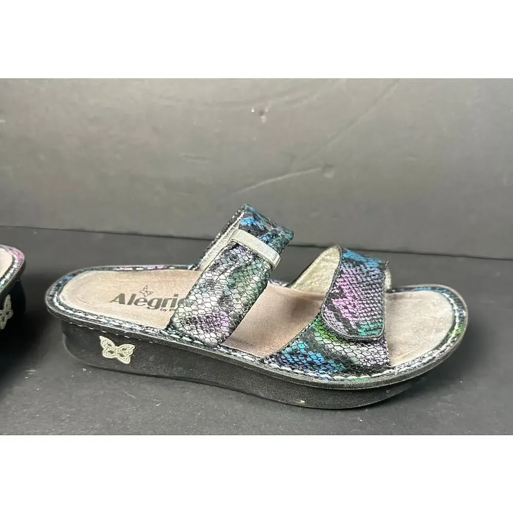 Alegria Karmen Black Purple Reptile Pattern Strap Sandals Size 38 US  8 8.5